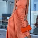 Oranje One-Shoulder Plissé Jurk met Asymmetrische Zoom