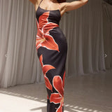 Zwarte Maxi Jurk met Rode Bloemenprint