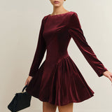 Bordeaux Fluwelen Mini Jurk met Uitlopende Rok