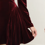 Bordeaux Fluwelen Mini Jurk met Uitlopende Rok