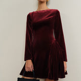 Bordeaux Fluwelen Mini Jurk met Uitlopende Rok