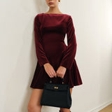 Bordeaux Fluwelen Mini Jurk met Uitlopende Rok