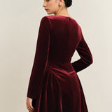 Bordeaux Fluwelen Mini Jurk met Uitlopende Rok
