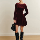 Bordeaux Fluwelen Mini Jurk met Uitlopende Rok