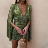 Groene Pailletten Mini Jurk met Diepe V-Hals