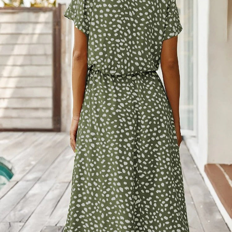 Groene Midi Jurk met Dierenprint en Taillekoord.