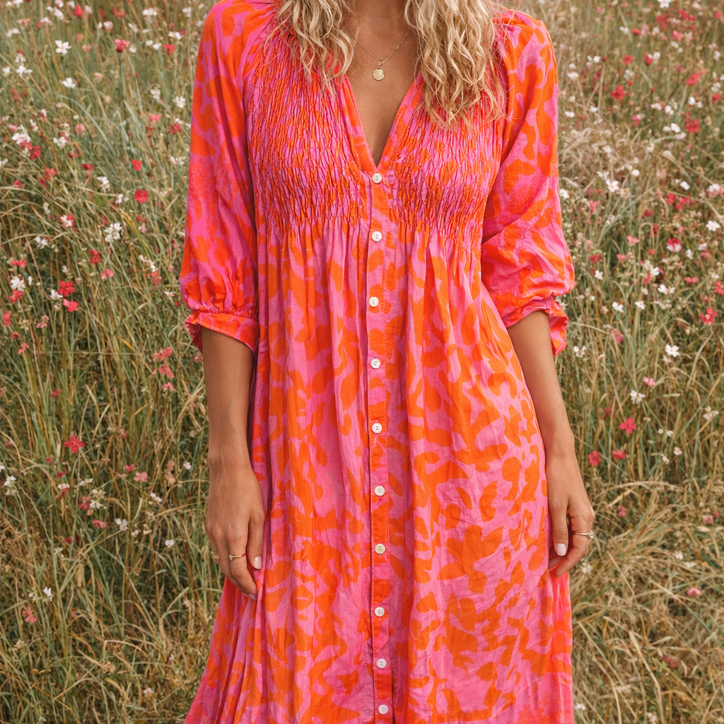 Oranje Midi Jurk met Bloemenprint en V-Hals.