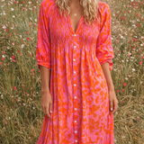 Oranje Midi Jurk met Bloemenprint en V-Hals