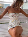 Witte Bloemenprint Bandeau Mini Jurk met Strikdetail.
