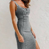 Grijze Denim Midi Jurk met Ritssluiting en Split