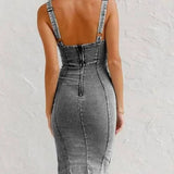 Grijze Denim Midi Jurk met Ritssluiting en Split