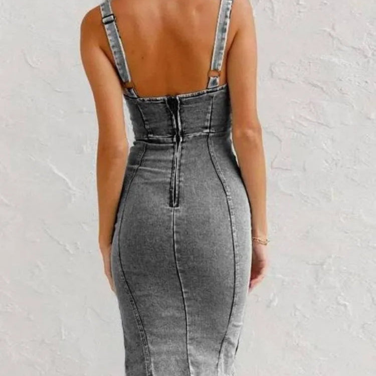 Grijze Denim Midi Jurk met Ritssluiting en Split.