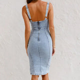 Lichtblauwe Denim Midi Jurk met Ritssluiting en Split
