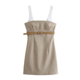 Beige Mini Jurk met Contrasterende Bandjes en Tailleceintuur