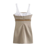 Beige Mini Jurk met Contrasterende Bandjes en Tailleceintuur