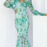 Groene Bloemenjurk met Smockdetail en Volantzoom
