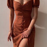Bruine Midi Jurk met Pofmouwen en Split