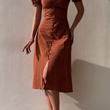 Bruine Midi Jurk met Pofmouwen en Split