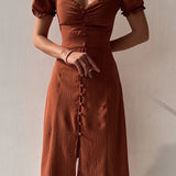 Bruine Midi Jurk met Pofmouwen en Split
