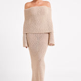 Beige Gehaakte Maxi Jurk met Off-Shoulder Halslijn