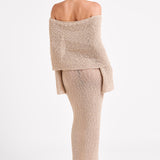 Beige Gehaakte Maxi Jurk met Off-Shoulder Halslijn