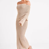 Beige Gehaakte Maxi Jurk met Off-Shoulder Halslijn
