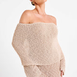 Beige Gehaakte Maxi Jurk met Off-Shoulder Halslijn