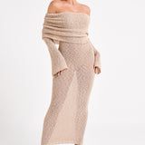 Beige Gehaakte Maxi Jurk met Off-Shoulder Halslijn