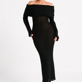 Zwarte Gehaakte Maxi Jurk met Off-Shoulder Halslijn