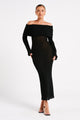 Zwarte Gehaakte Maxi Jurk met Off-Shoulder Halslijn.