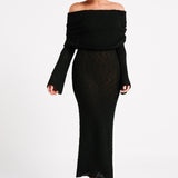Zwarte Gehaakte Maxi Jurk met Off-Shoulder Halslijn