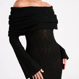 Zwarte Gehaakte Maxi Jurk met Off-Shoulder Halslijn