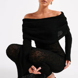 Zwarte Gehaakte Maxi Jurk met Off-Shoulder Halslijn