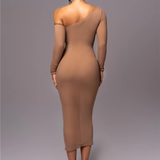 Bruine One-Shoulder Midi Jurk met Geplooide Details