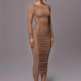 Bruine One-Shoulder Midi Jurk met Geplooide Details