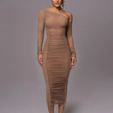 Bruine One-Shoulder Midi Jurk met Geplooide Details