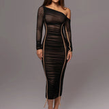 Zwarte One-Shoulder Midi Jurk met Transparante Mouwen