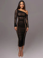 Zwarte One-Shoulder Midi Jurk met Transparante Mouwen.
