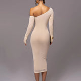 Witte One-Shoulder Midi Jurk met Geplooide Details