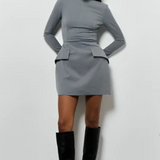 Grijze Mini Jurk met Hoge Hals