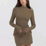Taupe Mini Jurk met Hoge Hals