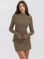Taupe Mini Jurk met Hoge Hals.