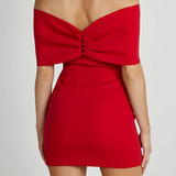 Rode Off-Shoulder Mini Jurk met Gedrapeerde Halslijn