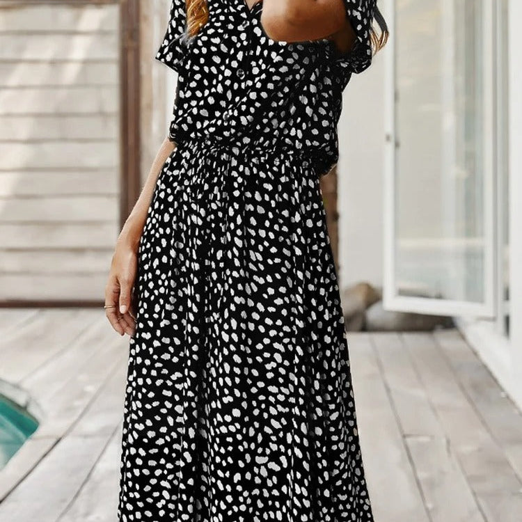Zwarte Midi Jurk met Dierenprint en Taillekoord.