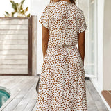 Witte Midi Jurk met Dierenprint en Taillekoord