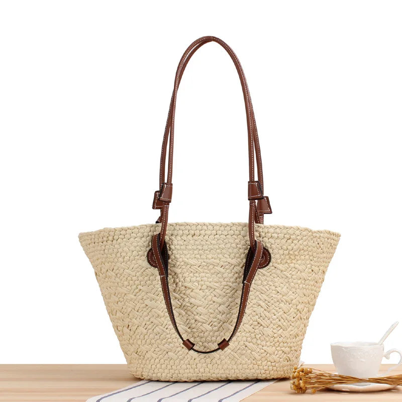 Geweven Strandtas met Leren Handvatten Zomer Design