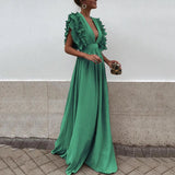 Groene Maxi Jurk met Volantmouwen