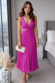 Roze Plissé Midi Jurk met V-Hals en Taille-Uitsnijdingen.