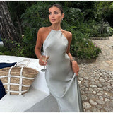 Zilverkleurige Halter Maxi Jurk met Open Rug
