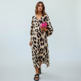 Beige Luipaardprint Maxi Jurk met V-Hals